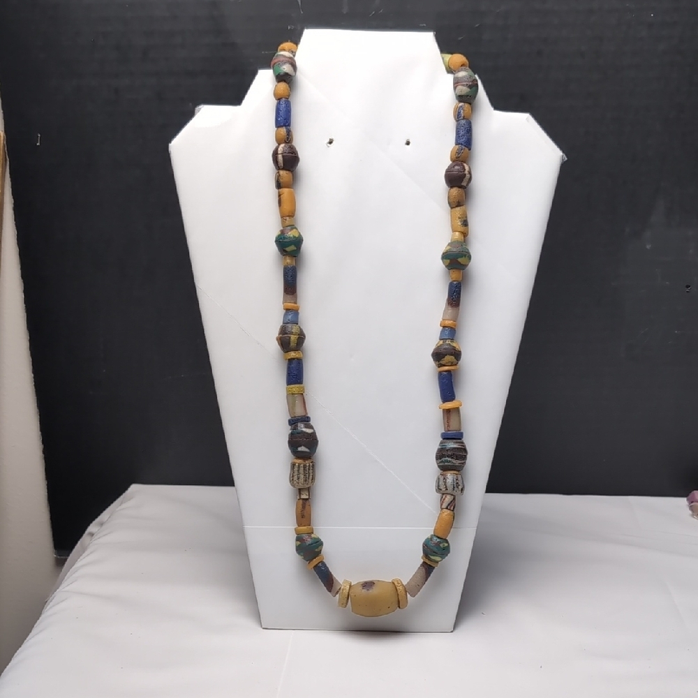 Handcrafted Beaded Necklace - Blue, Green, Brown 13 inches long